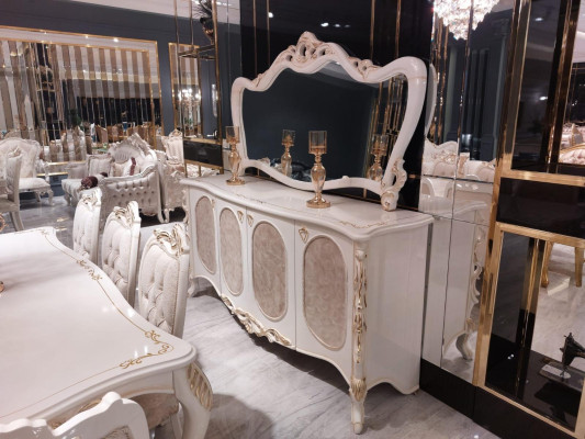 Jedálenský stôl 8 x stolička bočná skrinka zrkadlová skrinka set 10 kusov.