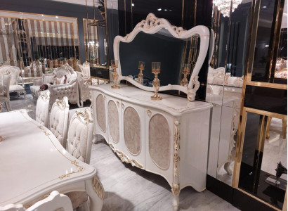 Jedálenský stôl 8 x stolička bočná skrinka zrkadlová skrinka set 10 kusov.