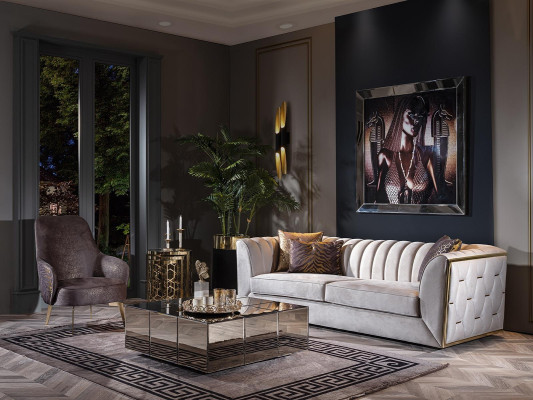 Moderný biely gauč s kávovým stolíkom, čalúnený gauč do obývačky, textilné gauče