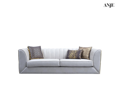 Moderný biely gauč s kávovým stolíkom, čalúnený gauč do obývačky, textilné gauče