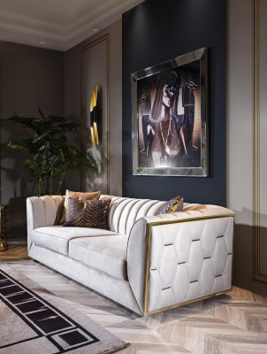 Biely trojmiestny gauč z nehrdzavejúcej ocele na textilný nábytok do obývačky