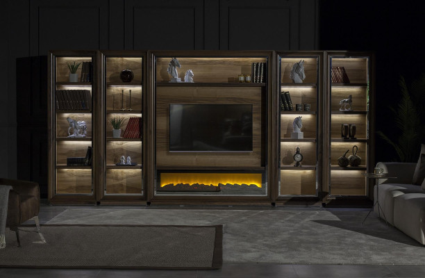 Luxusná obývacia stena, 448 cm, s drevenou pecou