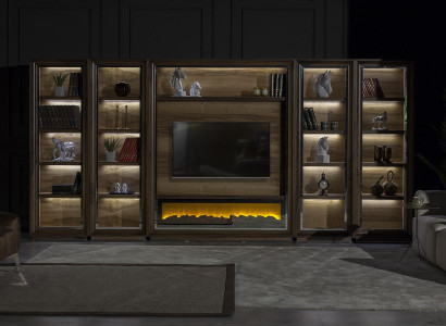 Luxusná obývacia stena, 448 cm, s drevenou pecou