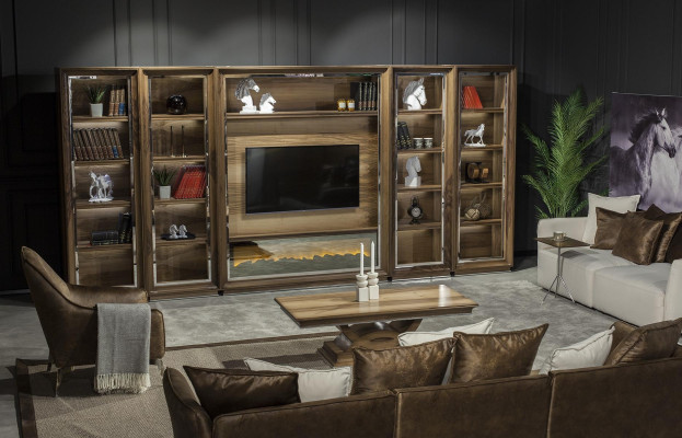 Luxusná obývacia stena, 448 cm, s drevenou pecou