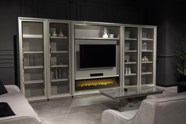 XXL nástenná polica do obývacej izby s tvarom krbu