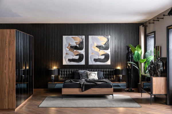 Kompletná posteľná súprava Perfect s čiernou posteľou a nočnou lampou, 8 kusov.