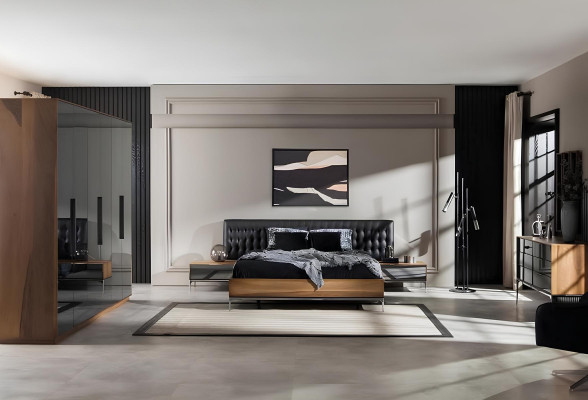 Ideálny kompletný set do spálne s posteľou, nočným stolíkom a skriňou v 4 častiach.