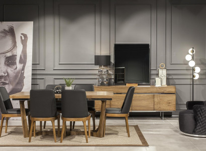 Luxusná kožená stolička, čalúnené stoly, čierny kuchynský nábytok