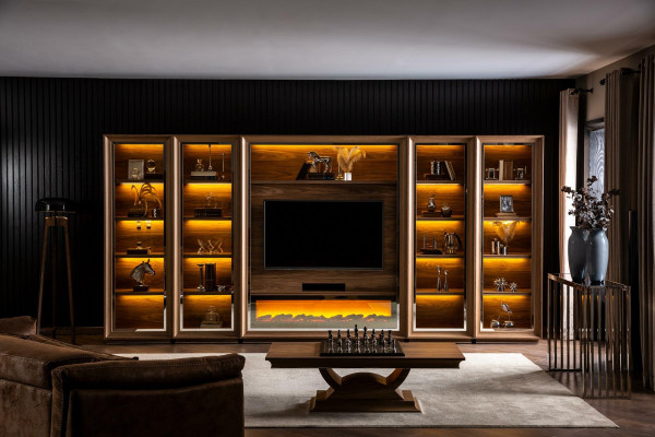 Luxusná stena do obývačky s krbom a konferenčným stolíkom