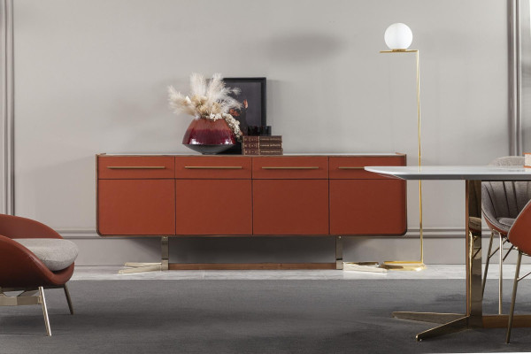 Oranžová komoda s zásuvkami a policami, XXL nočná komoda, bufet 240 cm