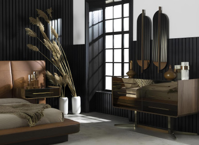 Kompletná spálňová nábytková súprava, ktorá obsahuje posteľ, nočnú skrinku a skriňu, 5 kusov.