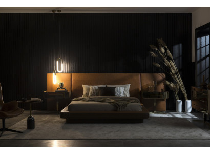 Posteľ s dizajnom a dvoma nočnými stolíkmi zo skla