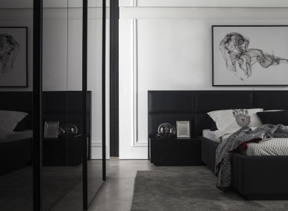 Moderná spálňa set Mustat, 3-dielna nočná skrinka, kožená posteľ