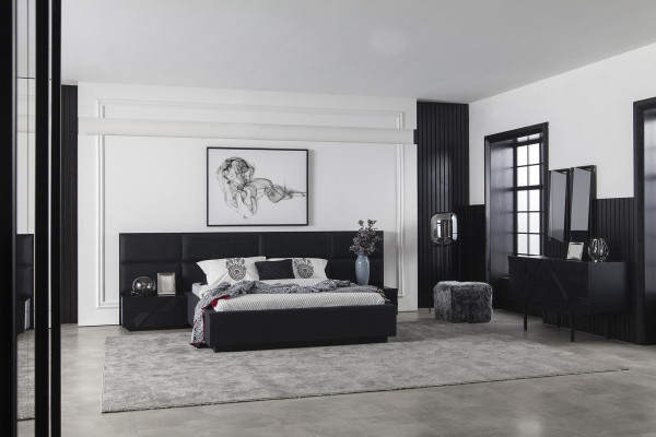 Moderná spálňa set Mustat, 3-dielna nočná skrinka, kožená posteľ