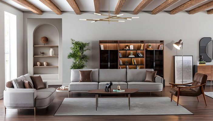 Sivá tkaninová sedacia súprava pre 3 osoby s 3-dielnym stolom