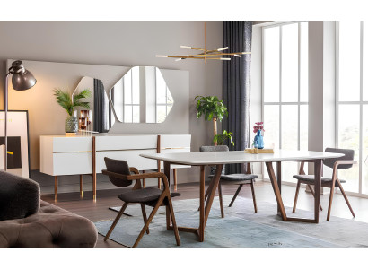 Sada bielych čalúnených kusov, stôl, stoličky, nočná skrinka 9 kusov.