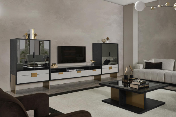 TV nábytok s vitrínami, obývacia izba set, nový, biely, 3 kusy.