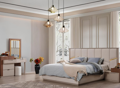 Bežná spálňa luxusné čalúnené postele nočné stolíky skrine