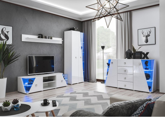 Moderná biela vitrína TV jednotka, 4-dielna sada, nová