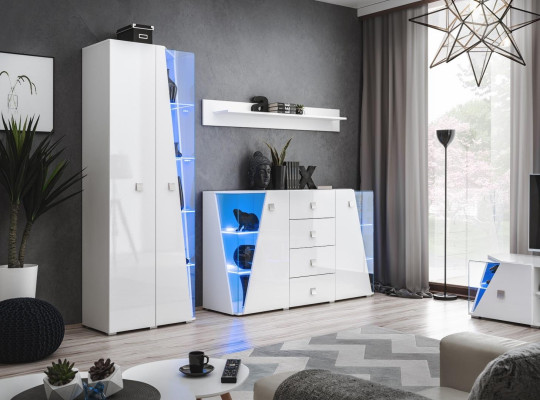 Sada luxusného nábytku do obývacej izby, pozostávajúca z skrine, vitríny a police v 3 častiach.