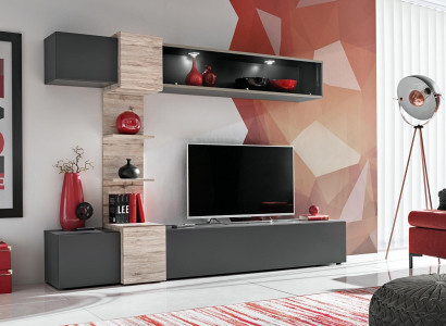 Moderná stenná jednotka do obývacej izby so sivými policami a televíznym stojanom