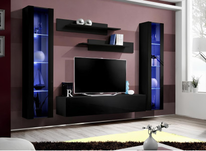 Mobilná obývacia izba nábytku set s policami v modernom čiernom dizajne 5 kusov.