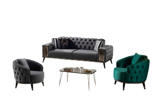 Dizajnerská Chesterfield sivá-zelená sedacia súprava 2x trojsed