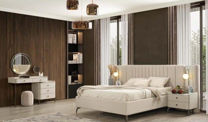 Elegantný kompletný set do spálne s čalúnenou posteľou, 2 nočnými stolíkmi a toaletným stolom