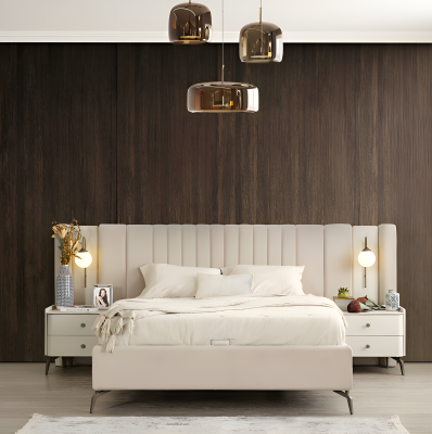 Elegantný kompletný set do spálne s čalúnenou posteľou, 2 nočnými stolíkmi a toaletným stolom