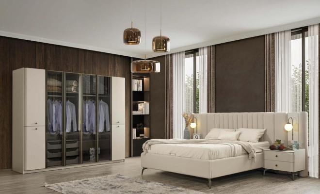 Moderný dizajn nábytku do spálne posteľ 2x nočná skrinka 4 kusy