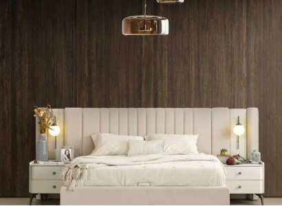 Čalúnená nábytková súprava do bielej spálne s elegantnou manželskou posteľou a 2 nočnými stolíkmi