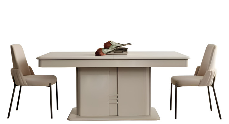 Biely dizajn jedálenského stola so 6 čalúnenými stoličkami a bufetom