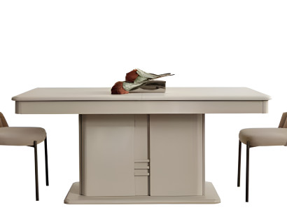 Biely dizajn jedálenského stola so 6 čalúnenými stoličkami a bufetom