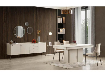 Moderný drevený jedálenský stôl so 4 elegantnými čalúnenými stoličkami a bufetom 6 kusov