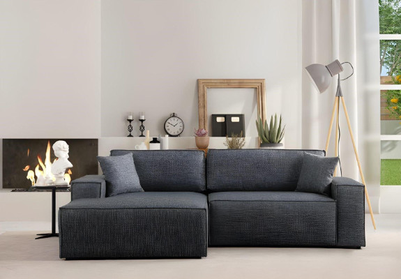 Biela tkaninová rohová sedacia súprava štýlu L do obývacej izby