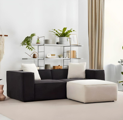 Biely a čierny tkaninový gauč, luxusný 4-miestny gauč s dvojitým otománom