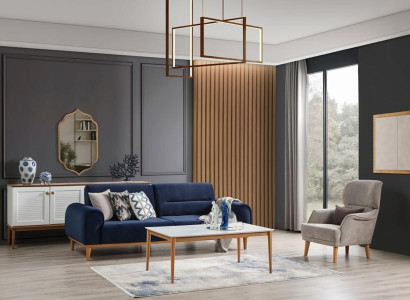 Beige pohovková súprava s čalúnenou dizajnovou stoličkou pre 3 osoby