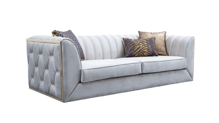 Elegantný moderný luxusný 3-sedací gauč, drevený nábytok, nová čalúnená tkanina