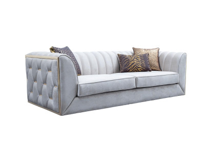 Elegantný moderný luxusný 3-sedací gauč, drevený nábytok, nová čalúnená tkanina