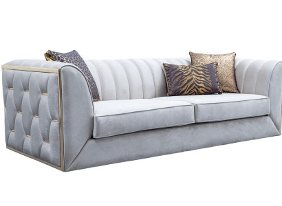 Elegantný moderný luxusný 3-sedací gauč, drevený nábytok, nová čalúnená tkanina