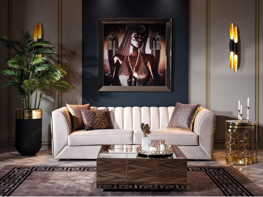 Elegantný moderný luxusný 3-sedací gauč, drevený nábytok, nová čalúnená tkanina