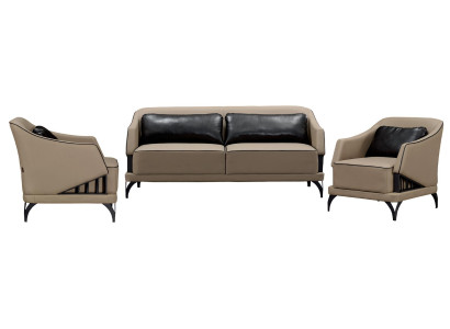 Súprava do obývacej izby 3+1+1 s mäkkým spracovaním a dreveným stolom 3 kusy