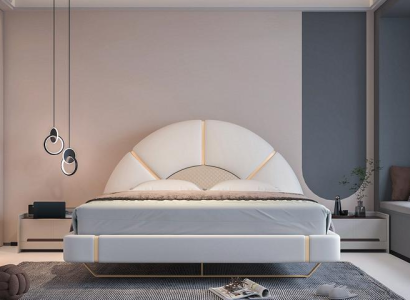 Luxusná moderná posteľ so zlatými detailmi, zaoblená čelová doska