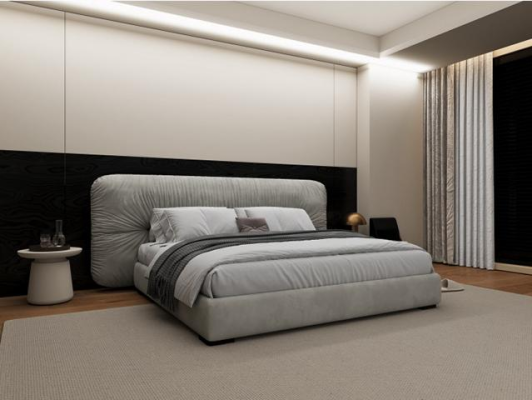 Luxusný sivý posteľný zábradlie s modernou čalúnenou hlavou