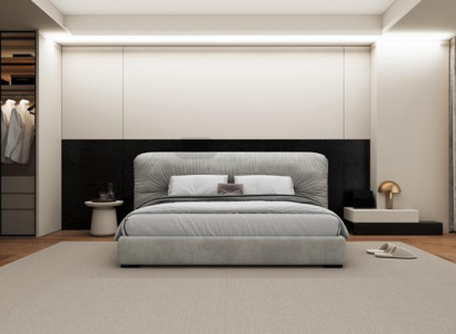 Luxusný sivý posteľný zábradlie s modernou čalúnenou hlavou