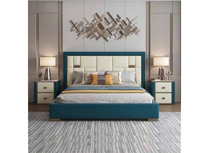 Luxusná modrá posteľ s moderným čalúneným operadlom a živými farbami