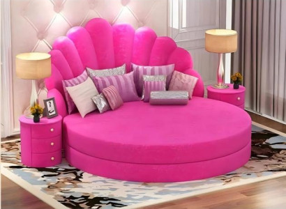 Elegantná okrúhla biela posteľ s fialovým zamatovým čalúnením pre modernú spálňu