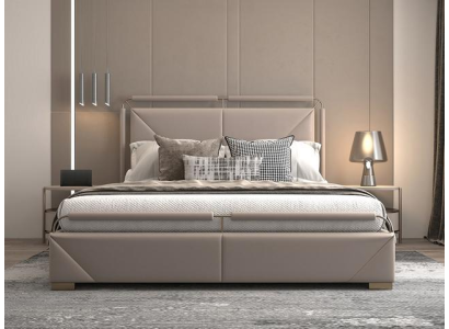 Moderná luxusná posteľ v béžovej farbe so zlatými detailmi a elegantným čelom
