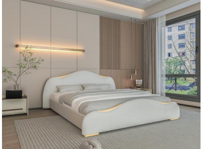 Moderná sivá posteľ so zlatými detailmi a elegantným čelom