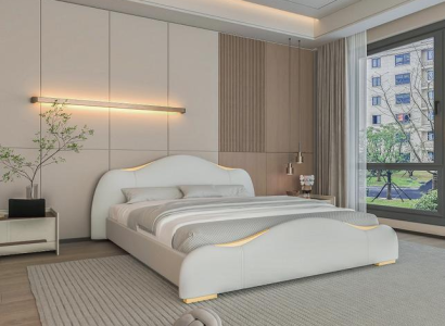 Moderná sivá posteľ so zlatými detailmi a elegantným čelom